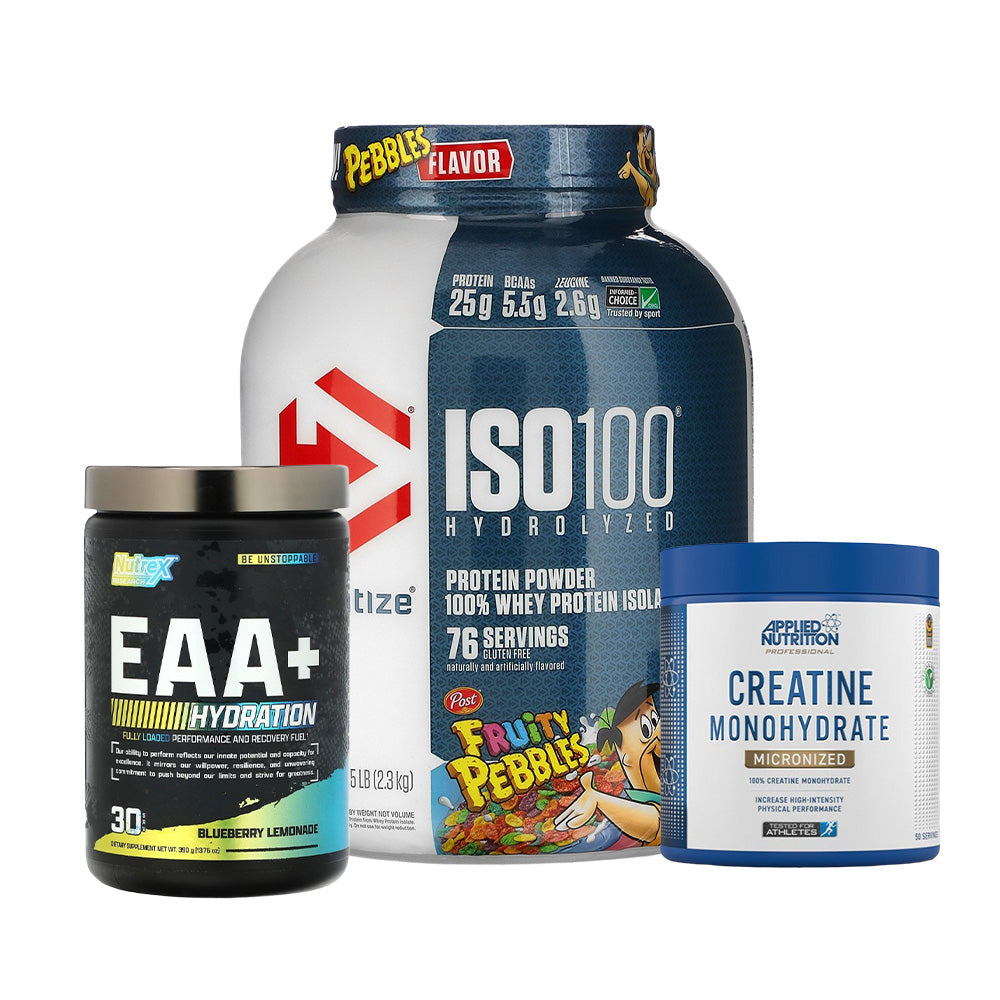 Dymatize ISO 100 Hydrolyzed whey, Nutrex EAA+ Hydration, Applied Nutrition Creatine Monohydrate