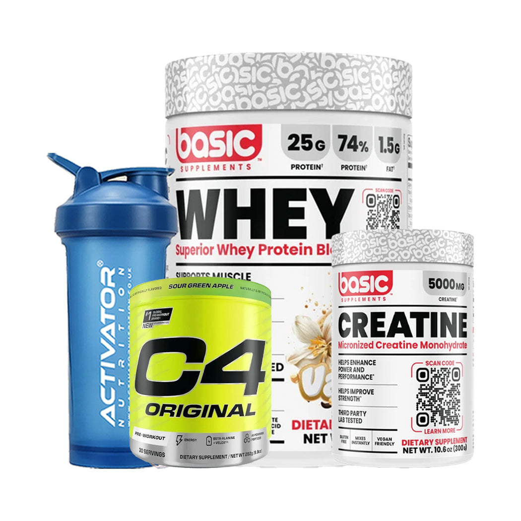 Basic Supplements Whey + Creatine + C4 Original + Protein Shaker