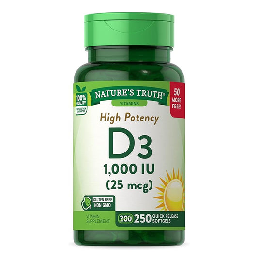 Nature's Truth D3 1000 IU 250 Softgels Essential Vitamin D Non GMO Gluten Free Supplement