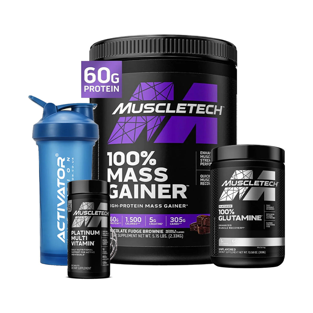 MuscleTech 100% Mass Gainer + Glutamine + Platinum Multivitamin + Protein Shaker