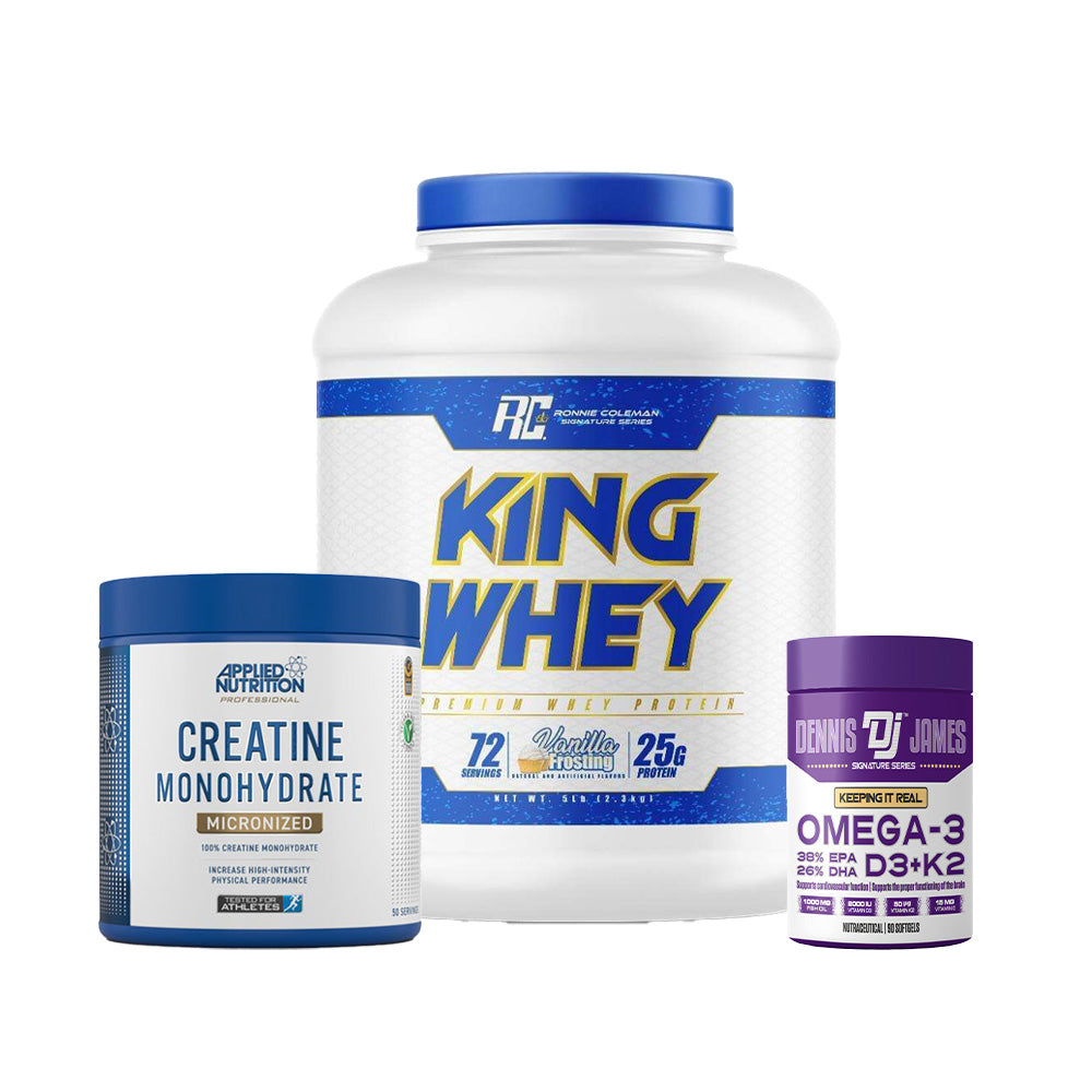 Ronny Coleman King Whey Protein, Omega-3 Fish Oil with D3 + K2, Creatine Monohydrate Micronized Combo Offer