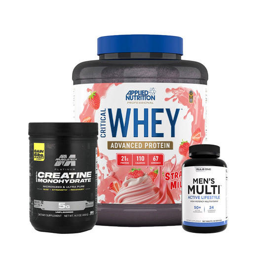 Applied Nutrition Critical Whey Blend, Muscletech Platinum Creatine, Rule-1 Men's Multiviamine