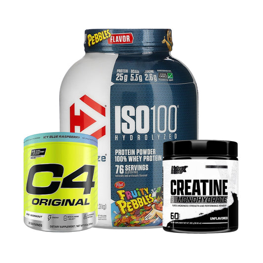 Dymatize ISO 100 Hydrolyzed whey, C4 Original Pre Workout, Nutrex Creatine Monohydrate