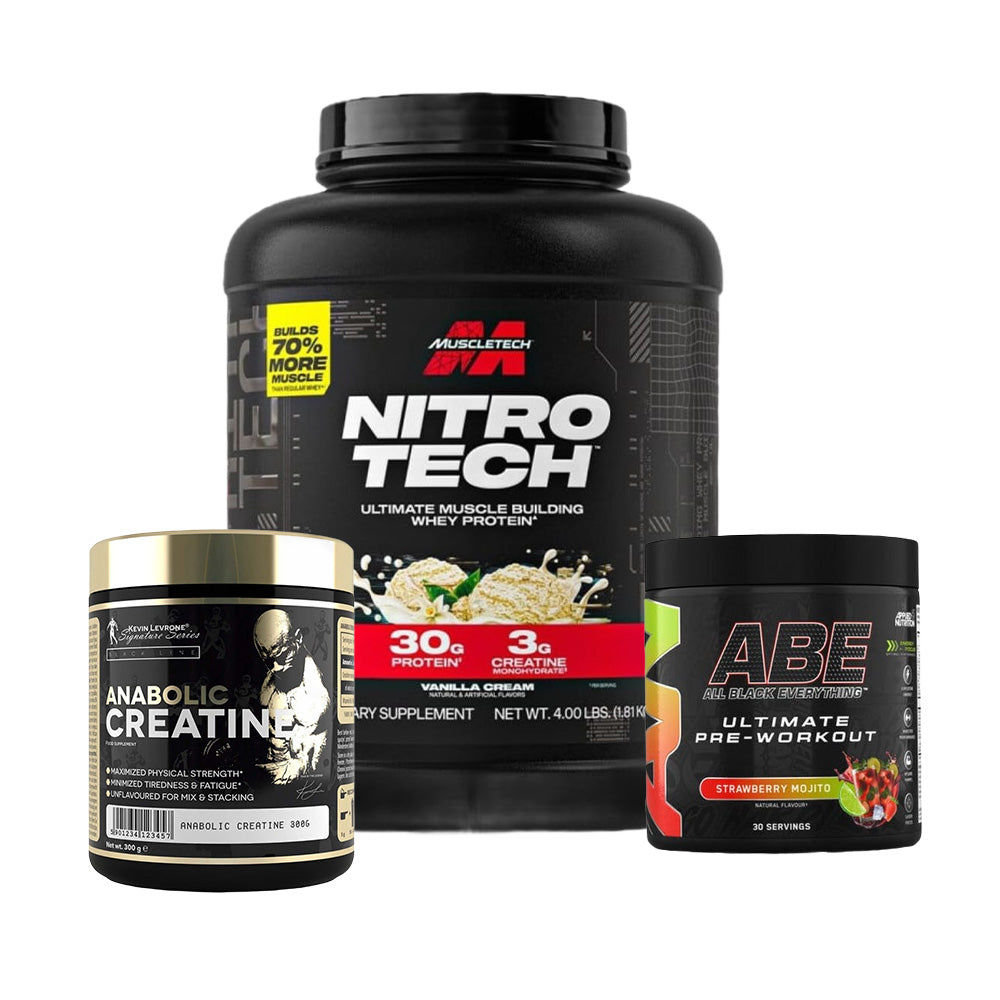 Muscletech Nitro Tech Whey Protein, Kevin Levrone Anabolic Creatine, Applied Nutrition ABE Powder Pre Workout