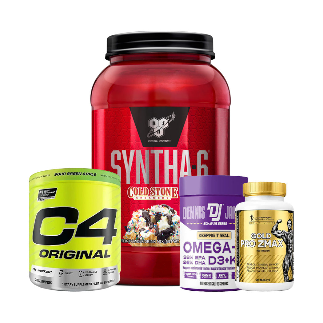 BSN Syntha-6 + Cellucor C4 Original + Dennis James Omega-3 + Kevin Levrone Gold Pro ZMAX – Complete Fitness Stack