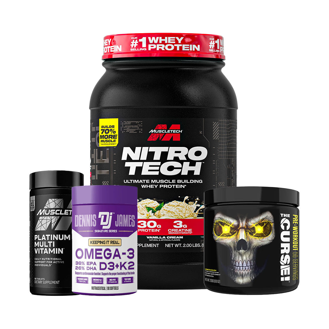 MuscleTech Nitro-Tech + JNX Sports The Curse + Platinum Multivitamin + Dennis James Omega-3 – Complete Fitness Stack