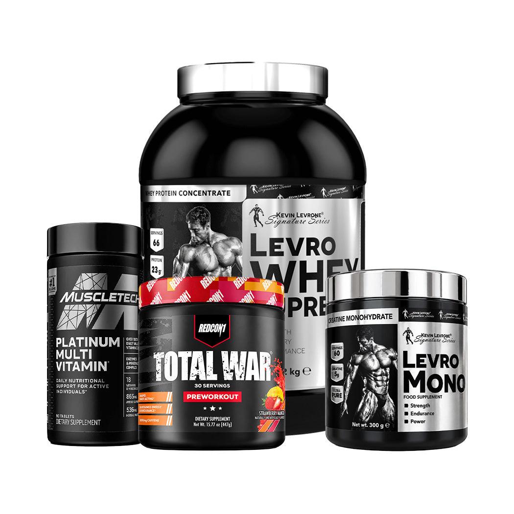 Kevin Levrone Whey Supreme + Levro Mono Creatine + Redcon1 Total War + MuscleTech Platinum Multivitamin