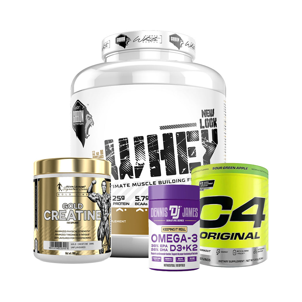 Gibbon Nutrition The Whey + Kevin Levrone Gold Creatine + Cellucor C4 Original + Dennis James Omega-3