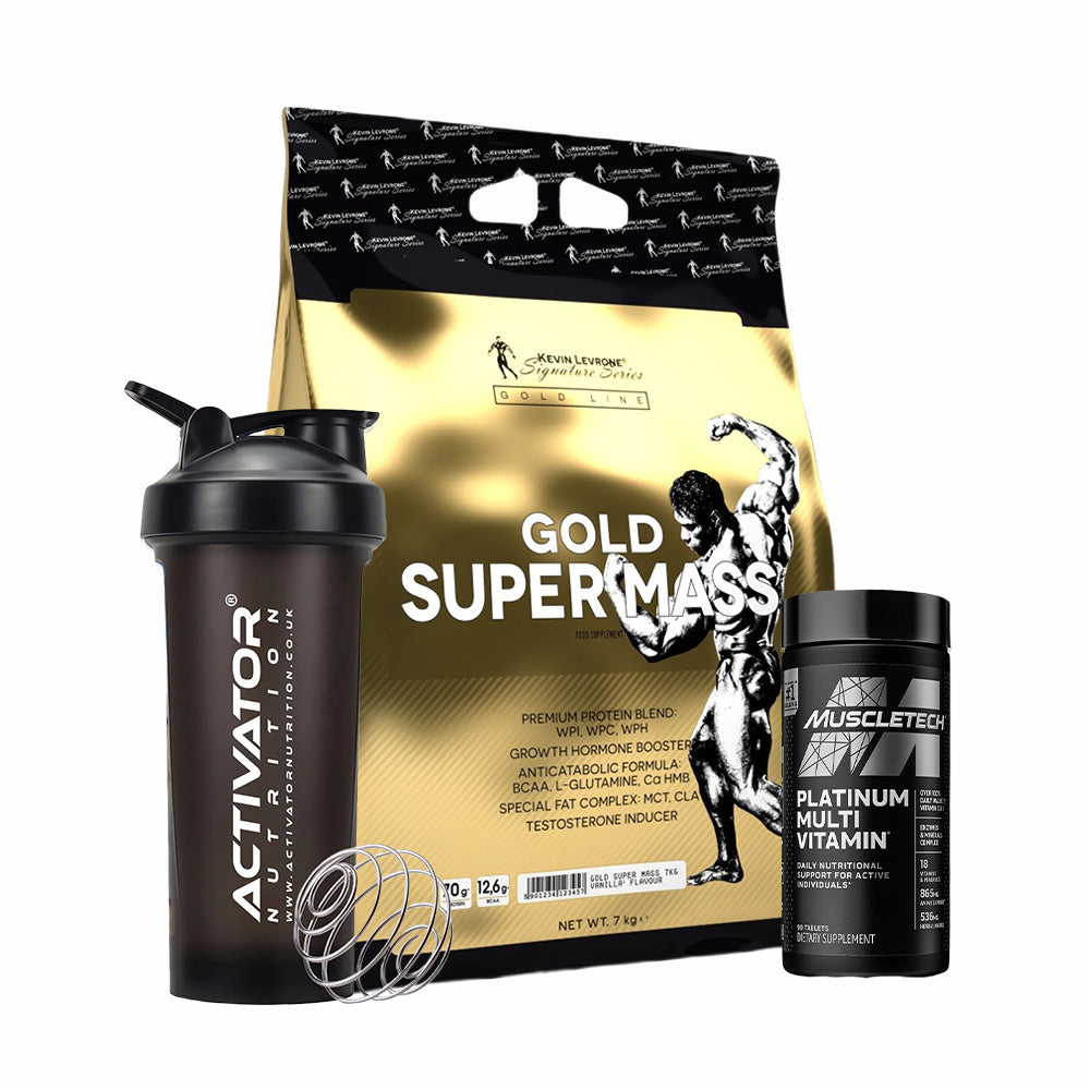 Kevin Levrone Gold Super Mass Gainer, Platinum Multivitamin, Protein Shaker Bottle