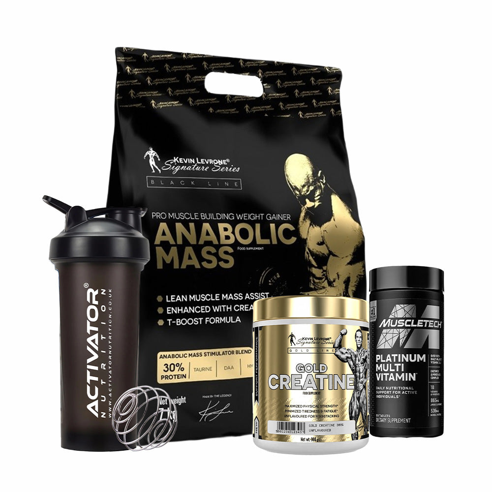 Kevin Levrone Anabolic Mass, Gold Creatine, Platinum Multivitamin, Protein Shaker Bottle